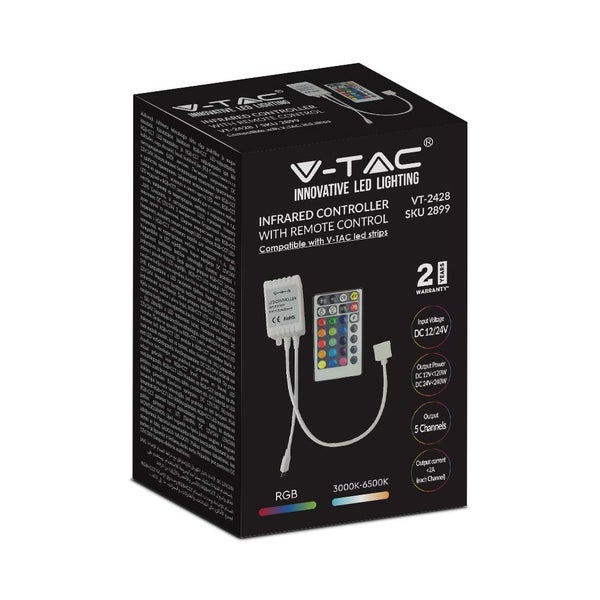 V-Tac Logo. Verpackung eines Infrarot LED Controllers mit Fernbedienung für LED Streifen.