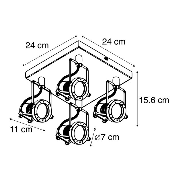 Technische Zeichnung einer Deckenleuchte mit vier Strahlern und Maßangaben