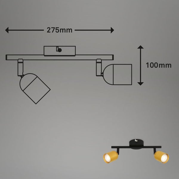 Technische Zeichnung einer zweiflammigen Deckenleuchte mit Abmessungen: Breite 275 Millimeter und Höhe 100 Millimeter.