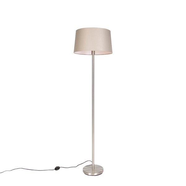 QAZQA - Moderne Stehlampe Stahl I Silber I nickel matt mit taupefarbenem Schirm 45 cm - Simplo I Wohnzimmer I Schlafzimmer - Textil Länglich I Rund - LED geeignet E27