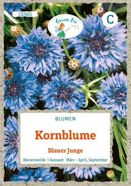 Samentüte für Kornblume Blauer Junge von Grüne Fee, Abbildung blühender blauer Kornblumen, als Bienenweide geeignet.