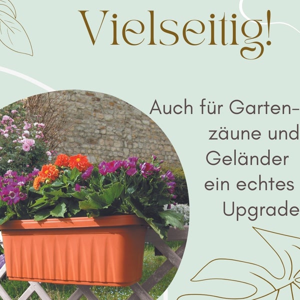 Vielseitiger Blumenkasten für Gartenzäune und Geländer mit bunten Blumen bepflanzt.