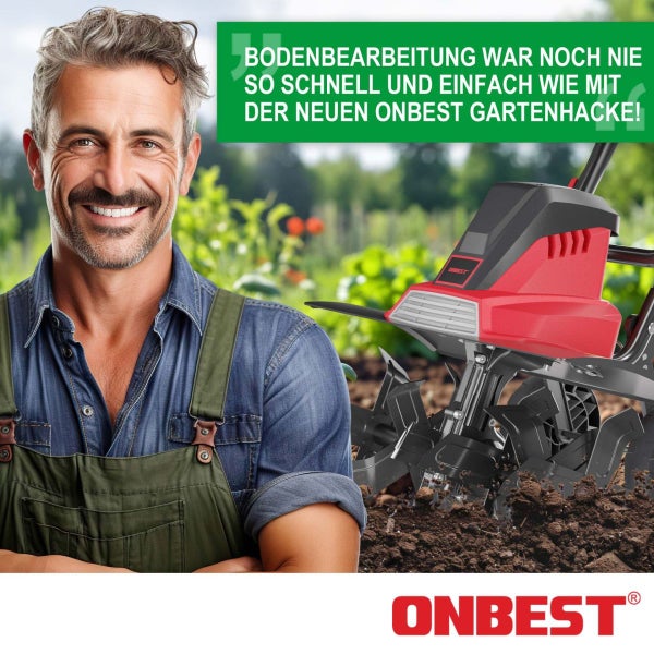 Ein lächelnder Mann in grüner Latzhose neben einer Gartenhacke von ONBEST bei der Bodenbearbeitung in einem hellen Garten. ONBEST Logo.