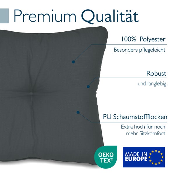 Sitzkissen aus 100 Prozent Polyester, pflegeleicht, robust, Polyurethan-Schaumstoffflocken-Füllung. Oeko-Tex zertifiziert, hergestellt in Europa.