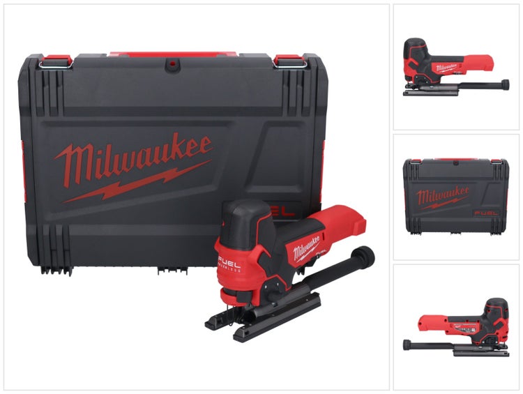 Milwaukee Akku-Stichsäge FUEL mit Transportkoffer, Milwaukee Logo auf Säge und Box.