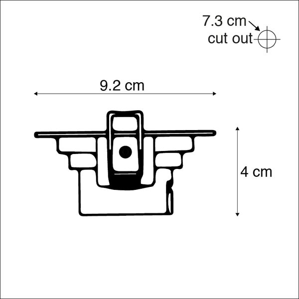 Maßzeichnung Einbaustrahler: Breite 9,2 Zentimeter, Tiefe 4 Zentimeter, Ausschnitt 7,3 Zentimeter.