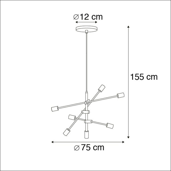 Technische Zeichnung einer Pendelleuchte mit den Maßen 12 cm Durchmesser für die Deckenrosette, 75 cm Durchmesser für die Leuchte und 155 cm Gesamthöhe.