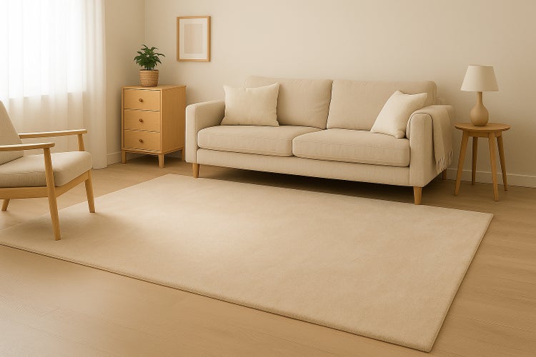 Wohnzimmer mit Sofa, Sessel, Teppich und Holzmöbeln im modernen, hellen Einrichtungsstil.