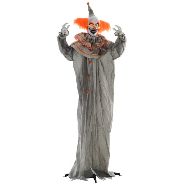 HOMCOM 183cm Halloween Dekoration Stehender Clown mit LED-Lichter, Soundfunktion, Haustür Deko mit verstellbare Arme, Garten Dekofigur in Lebensgröße für Party, Orange+Grau
