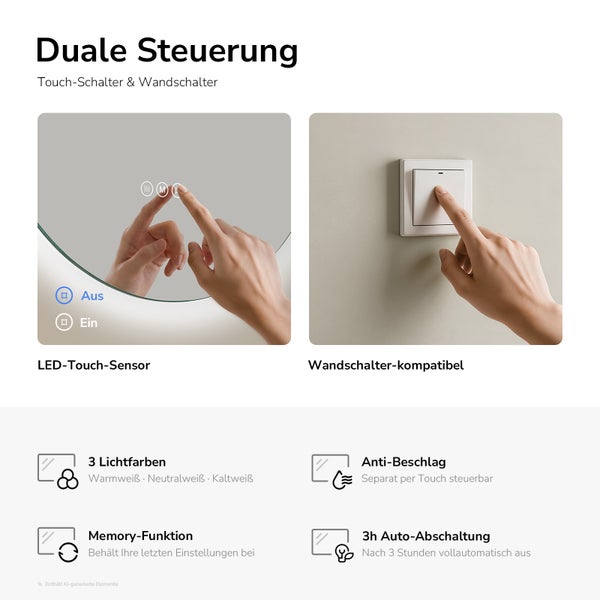 LED-Badezimmerspiegel mit Touch-Sensor und Wandschalter. Drei Lichtfarben, Anti-Beschlag-Funktion, Memory-Funktion und Abschaltung nach drei Stunden.