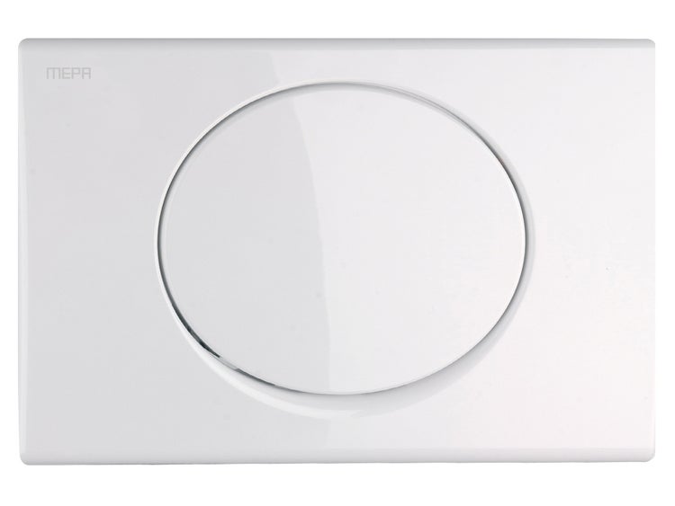 Weiße MEPA Betätigungsplatte mit einer runden Spültaste für Unterputz-Spülkästen, MEPA Logo.