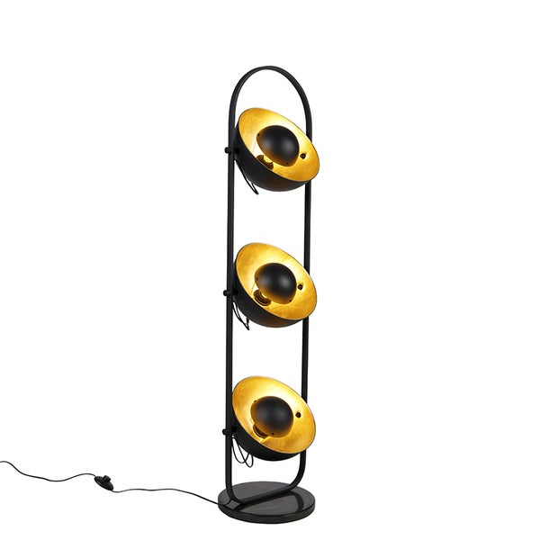 Schwarze Stehlampe mit drei goldenen Lampenschirmen