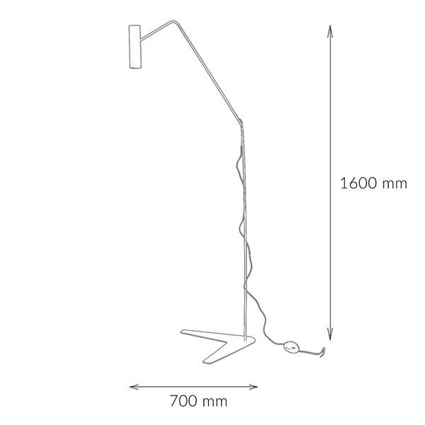 Skizze einer Stehlampe mit den Maßen 1600 mm Höhe und 700 mm Breite