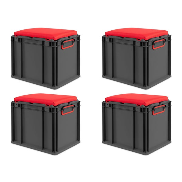 Vier graue Aufbewahrungsboxen mit rotem Sitzkissen