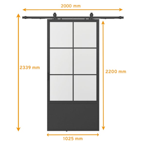 Loftschiebetür Komplettset aus Stahl in schwarz mit Glaseinsatz -  1025x2200mm