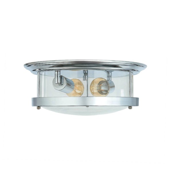 Deckenleuchte mit drei Leuchtmitteln in einem verchromten Gehäuse mit klarem Glas