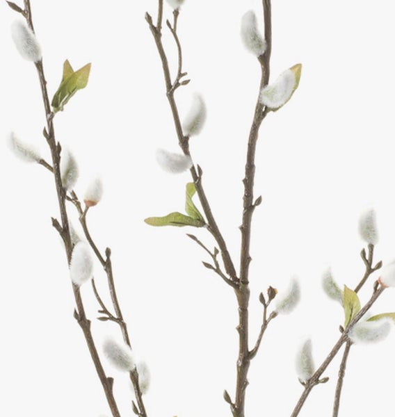 Künstliche Weidenkätzchen-Zweige mit weißen Kätzchen und grünen Blättern.