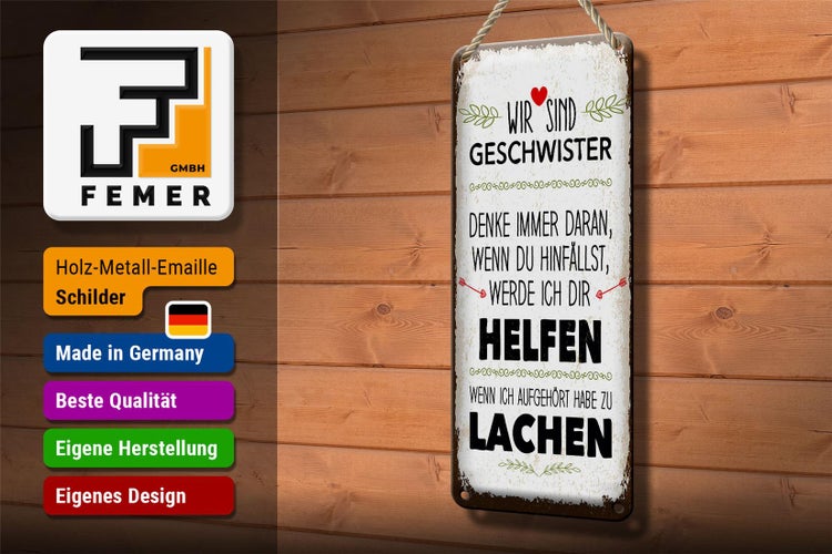 Blechschild Spruch Geschwister wir lachen helfen Dekoration 10x27cm