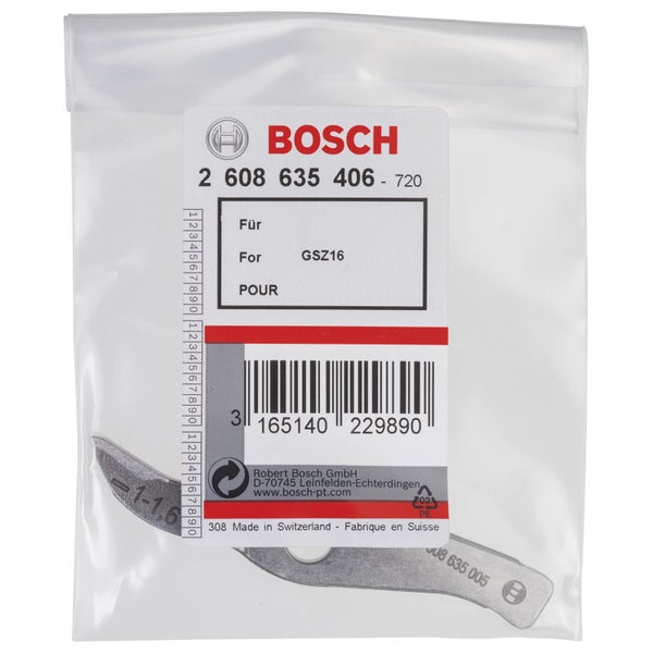 Bosch Ersatzmesser für Schaumstoffsäge GSZ 16 aus Metall in transparenter Verpackung mit Bosch Logo.