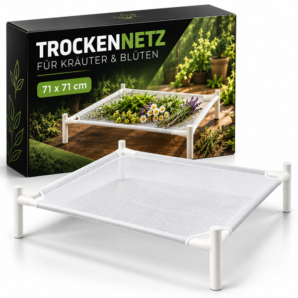 Trockennetz für Kräuter und Blüten, 71 mal 71 Zentimeter, mit Kunststoffgestell und feinmaschigem Netz zur Lufttrocknung in der Verpackung.