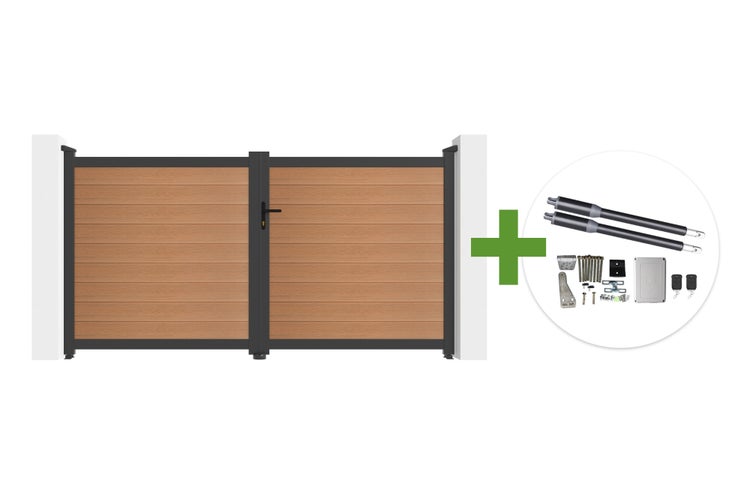 Zweiflügeliges Einfahrtstor in Holzoptik mit Metallrahmen inklusive elektrischem Torantrieb-Set und Fernbedienungen.