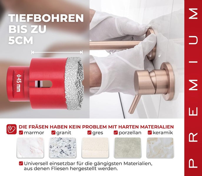 PROREGAL Diamant Bohrkronenaufsatz Premium Crystal 55 mm für Fliesen Glas Feinsteinzeug Keramik Granit Steinfliesen Winkelschleifer Flex M14