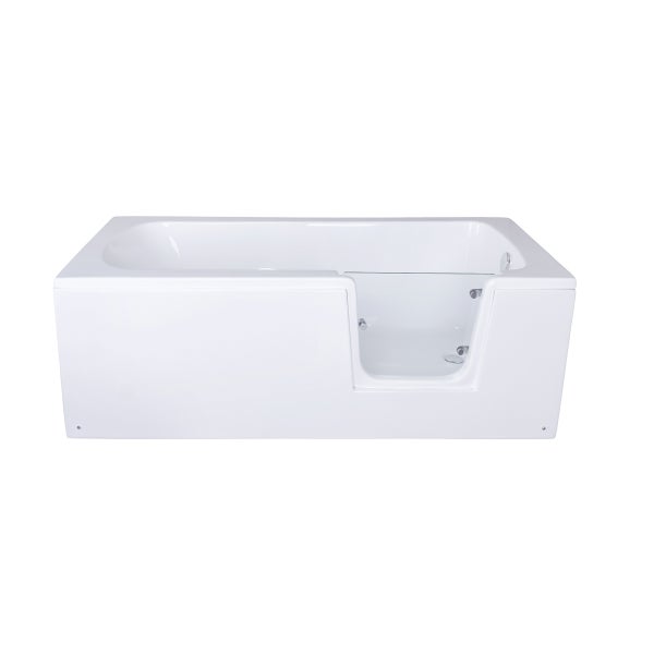 Weiße barrierefreie Badewanne aus Acryl mit Seiteneinstieg und transparenter Glastür.
