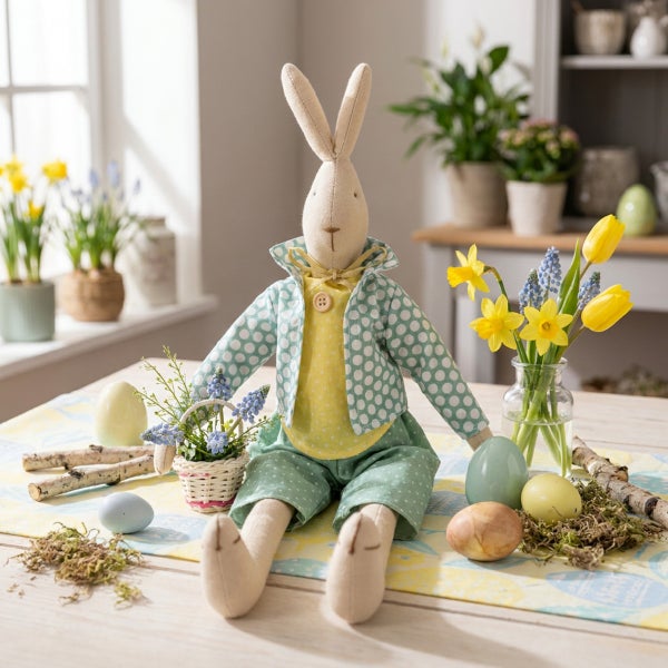Stoffosterhase als Dekofigur sitzend auf einem Tisch mit Blumen, Ostereiern und Birkenholz, Osterdekoration für ein gemütliches Ambiente.