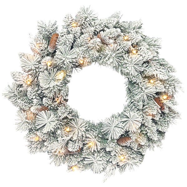 Verschneiter künstlicher Weihnachtskranz mit Tannenzapfen und LED-Beleuchtung.