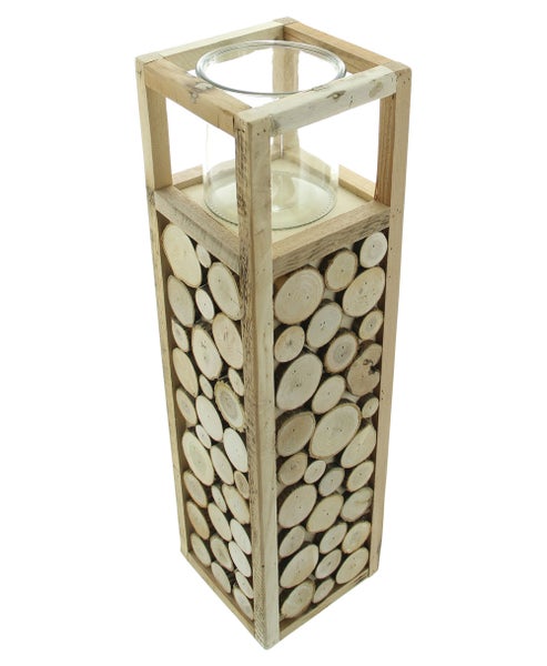 FRANK FLECHTWAREN | Windlichtsäule Holzscheibchen, HOLZ, GLAS, 16 x 16 x 58 cm, Glas Ø 12 x 12 cm