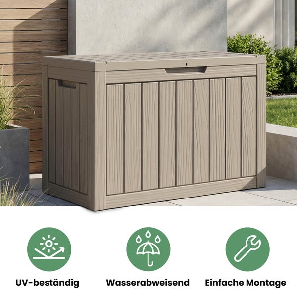 Garten-Auflagenbox in Holzoptik im Außenbereich, UV-beständig, wasserabweisend und einfache Montage.