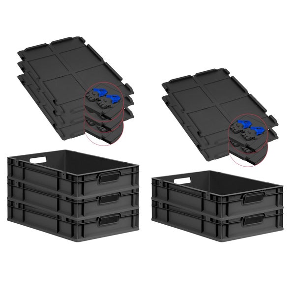 PROREGAL SuperSparSet 5x Eurobox NextGen Grip mit Scharnierdeckel und blauen Schiebeschnappverschlüssen, HxBxT 12x40x60cm, 23 Liter, Schwarz, Griffe offen, Eurobehälter, Transportbox, Transportbehälter, Stapelbehälter