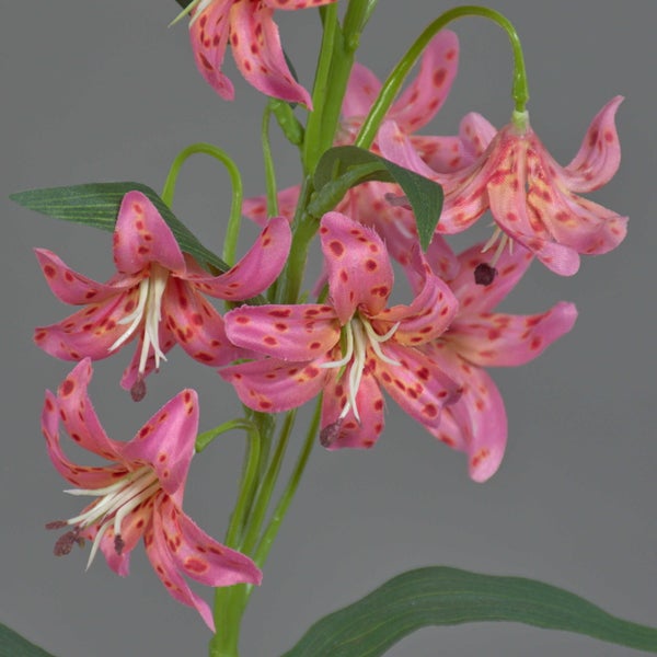 Detailaufnahme von Blatt und Blüte einer künstlichen Lilie aus Kunststoff.