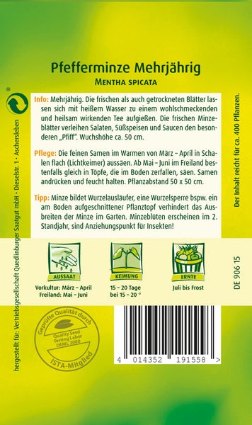 Rückseite der Samenpackung für mehrjährige Pfefferminze Mentha spicata mit Infos zu Aussaat, Keimung bei 15 bis 20 Grad, Ernte und Pflegetipps.