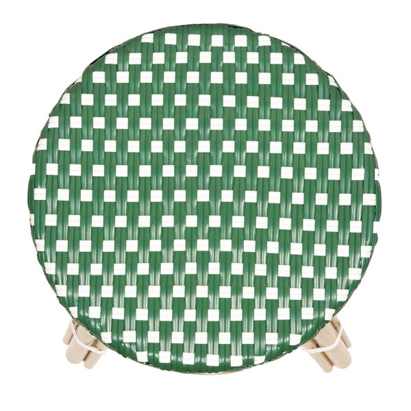 Runder Hocker mit grün-weiß geflochtener Sitzfläche und hellen Holzbeinen in der Draufsicht.