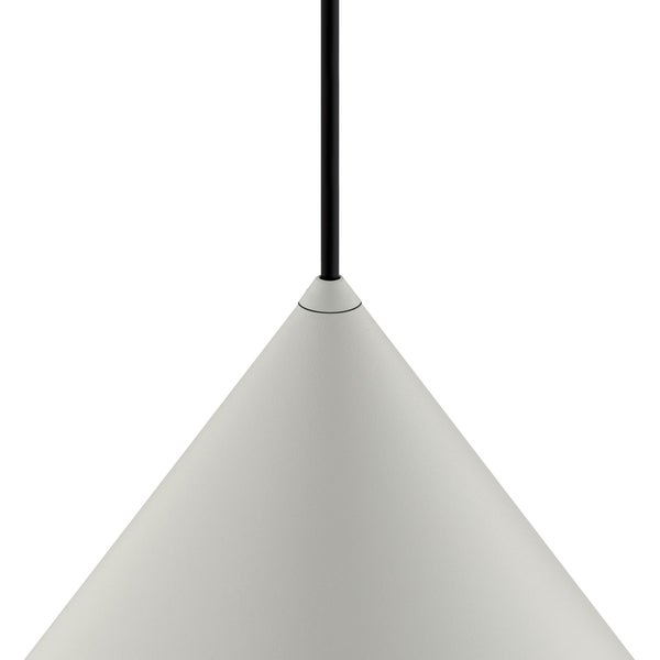 Nahaufnahme einer konischen Pendelleuchte mit schwarzem Kabel und strukturierter Oberfläche.