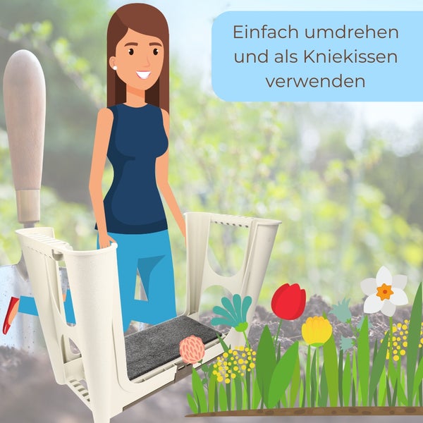 Illustration einer Gärtnerin mit einem Gartenhocker, der sich in ein Kniekissen verwandeln lässt.