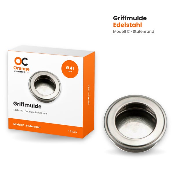 Runde Griffmulde Modell C aus Edelstahl mit Stufenrand, Durchmesser 41 Millimeter, für Einbauloch Durchmesser 35 Millimeter, von Orange Commerce