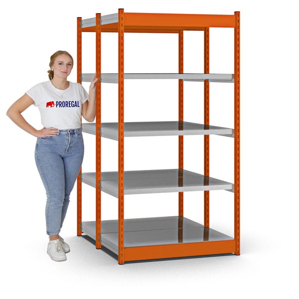 PROREGAL Fachbodenregal Stecksystem Vierkant-Profil Grundregal HxBxT 200 x 102,5 x 50 cm 2x5 Ebenen Doppelseitige Bauart Fachlast 200 kg Orange