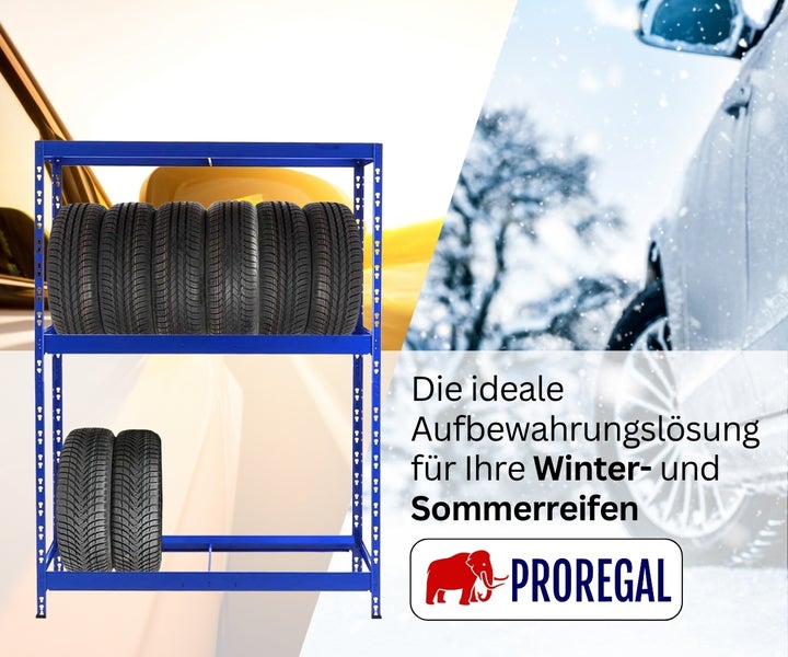 Blaues Metall-Reifenregal von Proregal mit zwei Ebenen für die organisierte Lagerung von Winter- und Sommerreifen. Proregal Logo.