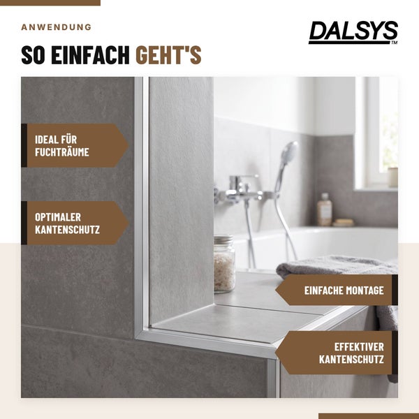 Dalsys Fliesenprofil als Kantenschutz an einer gefliesten Badewanne in einem modernen Badezimmer mit Hinweisen zu Montage und Anwendung.