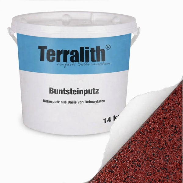 Terralith Buntsteinputz, Dekorputz auf Reinacrylatbasis, 14 Kilogramm Eimer mit Farbmuster in Rotbraun und Schwarz.