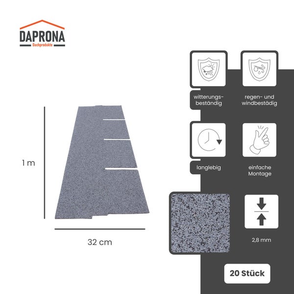 Daprona Logo. Bitumen-Dachschindel, 1 Meter mal 32 Zentimeter, 2,8 Millimeter dick. Witterungsbeständig, regen- und windfest, langlebig. 20 Stück.
