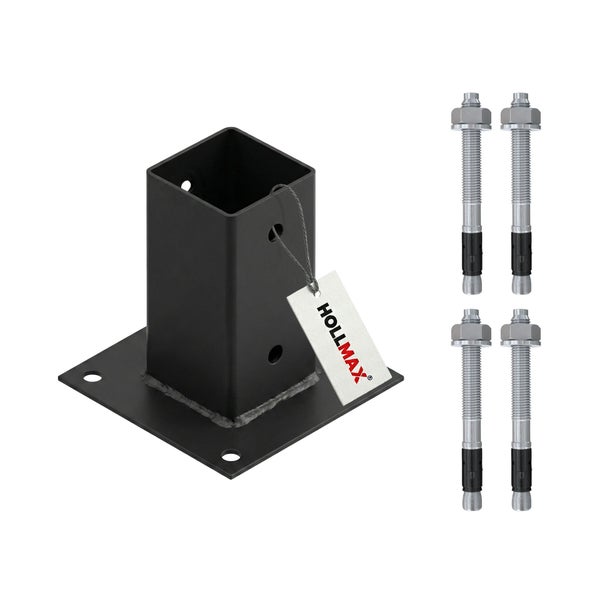Schwarzer quadratischer Pfostenträger aus Metall mit vier Bolzenankern und Hollmax Logo.