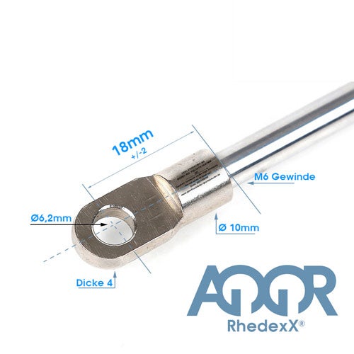 Metall-Augenterminal mit M6-Gewinde, Durchmesser Bohrung 6,2 Millimeter, Dicke 4 Millimeter, Rhedexx Logo.
