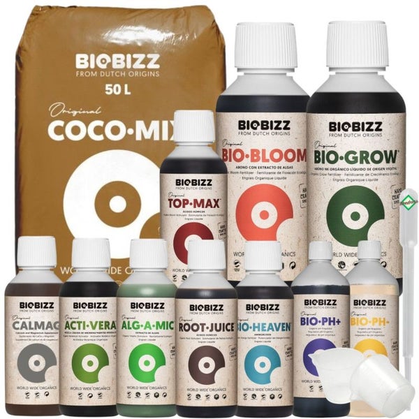 BioBizz Coco Mix Big L – 50L Kokos-Substrat + Bio Grow & Bloom (je 500 ml) + Alg-A-Mic, Top-Max, Root Juice, Acti Vera & mehr – Komplettset für optimales Pflanzenwachstum & Blüte inkl. Pipette