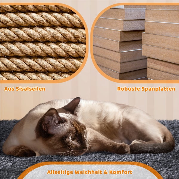 Katze liegt auf Kratzbaum, Details zu Sisalseilen und Spanplatten