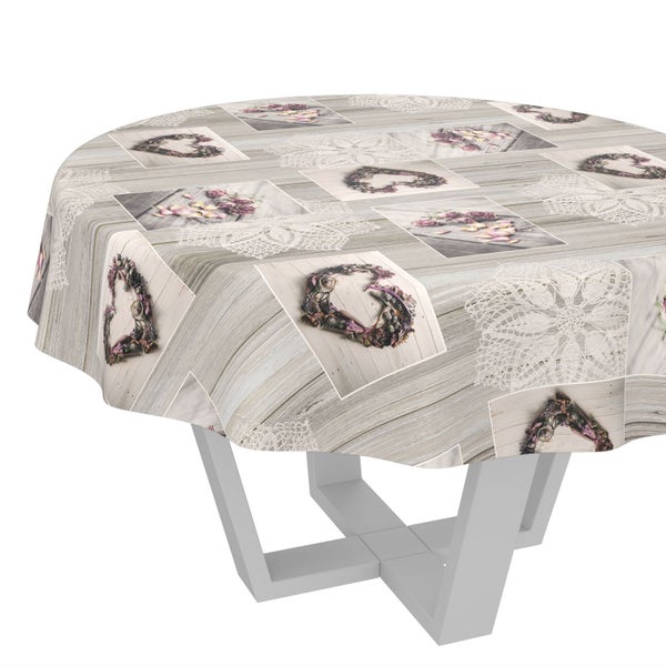 Rundtischdecke mit Holzoptik, Collagen-Design aus Blumenherzen, Blütenblättern und Spitzenornamenten.