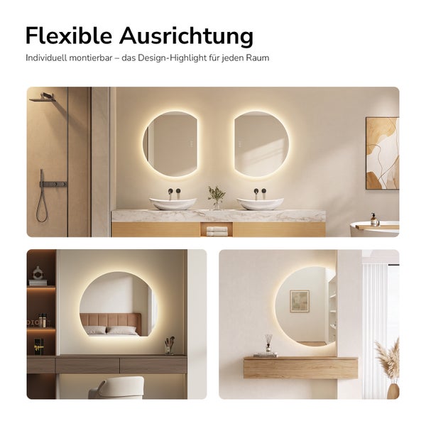 Beispiele für verschiedene Montagemöglichkeiten eines LED-Wandspiegels mit indirekter Beleuchtung in Bad, Schlafzimmer und Flur.