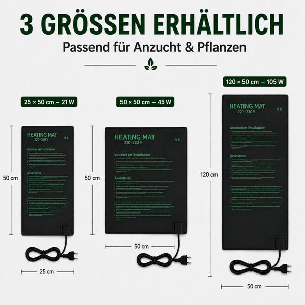 Drei verschiedene Größen von elektrischen Heizmatten für die Pflanzenanzucht mit technischen Daten wie Maßen und Wattzahl.